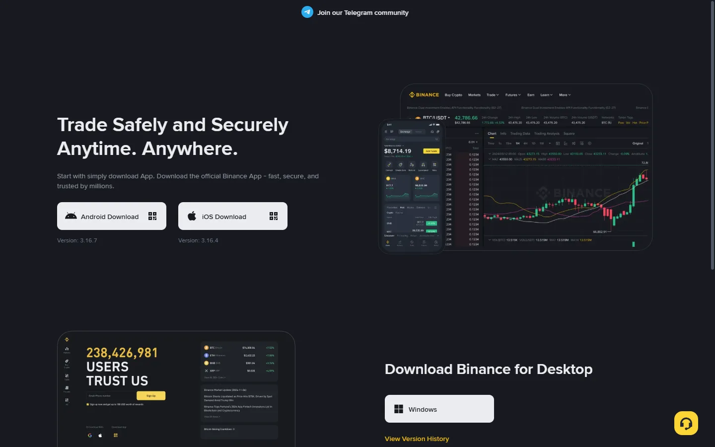 Screenshot of the official Binance download page with Android and iOS options