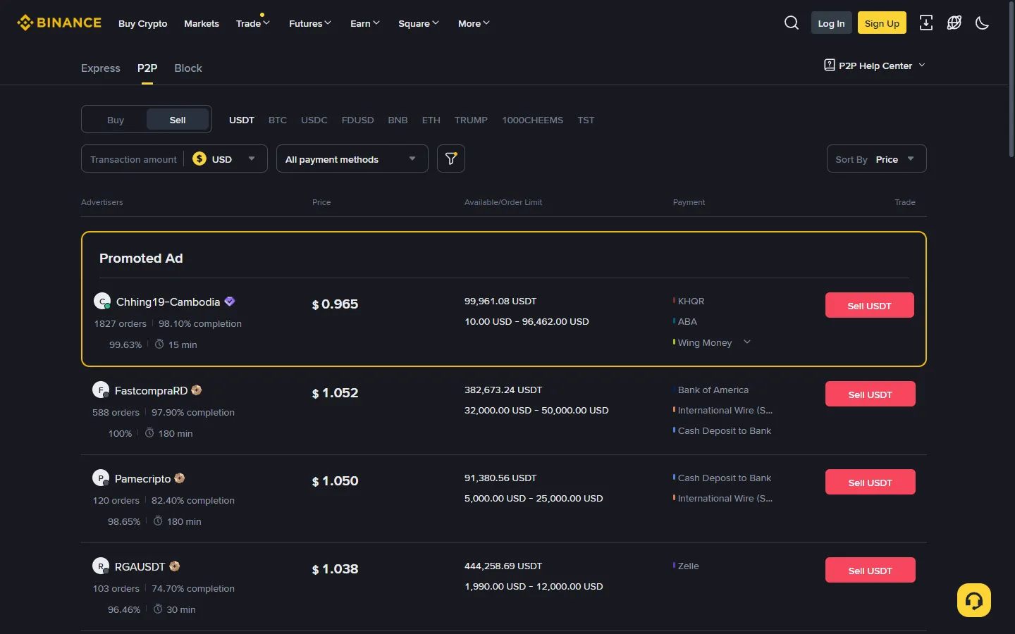 Screenshot of the Binance P2P sell side merchant list