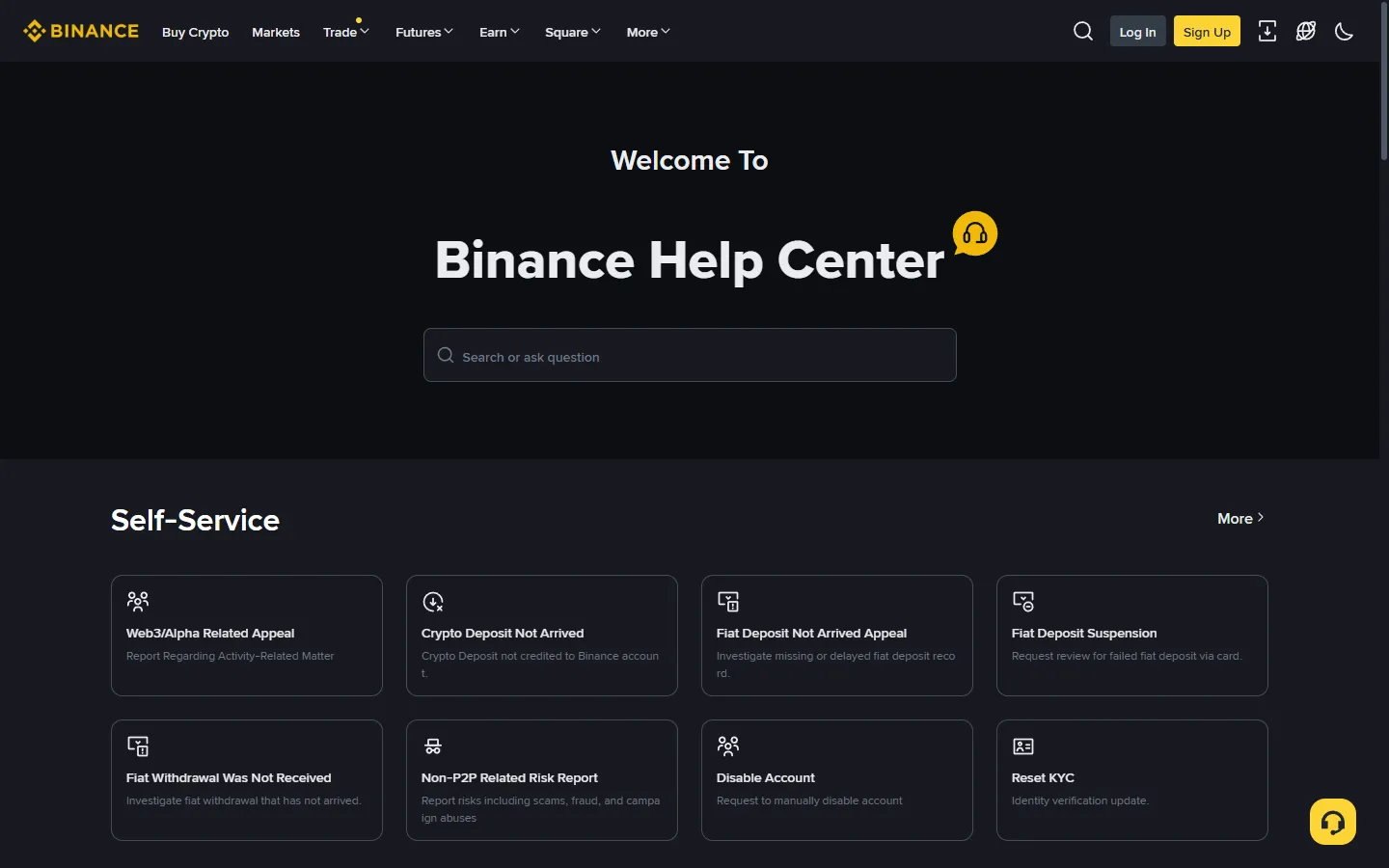 Screenshot of the Binance Help Center home page