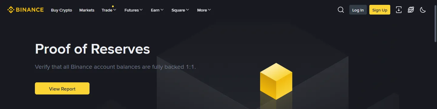 Screenshot of the Binance Proof of Reserves page showing reserve ratios