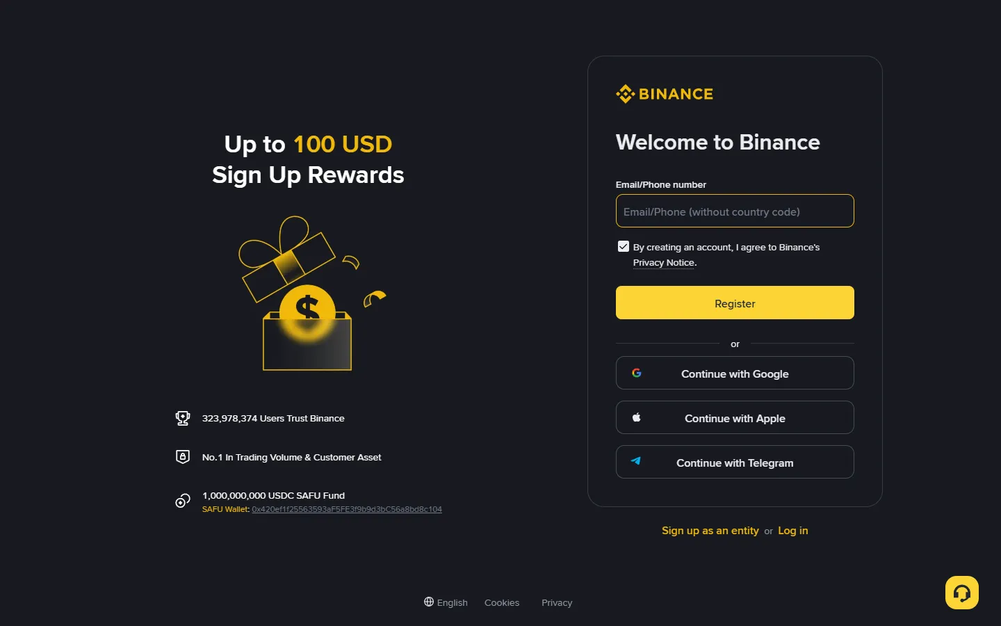 Screenshot of the Binance web sign-up page showing the email field and register button
