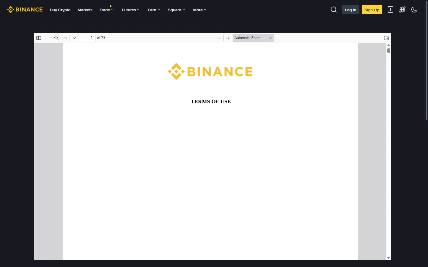 Screenshot of the Binance Terms of Use page